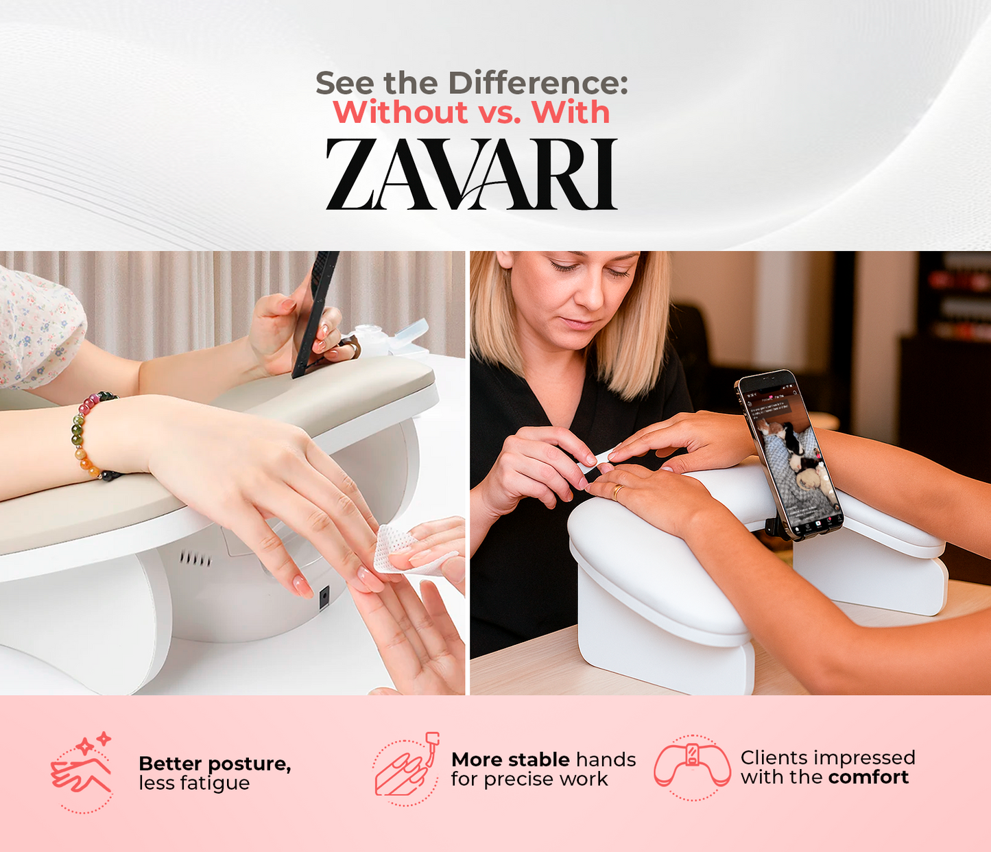 Zavari™ Ergonomic Arm Rest for Nail Techs 💅 With Built-in Phone Holder + Free Special Gift
